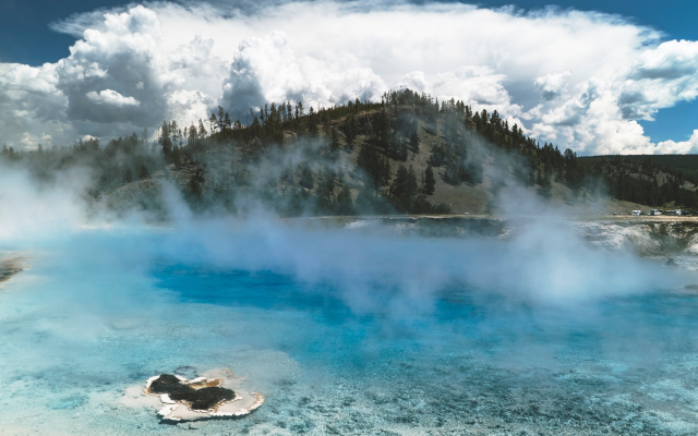 2560x1440 pix. Wallpaper mist, yellowstone national park, springs, nature, mountains, clouds