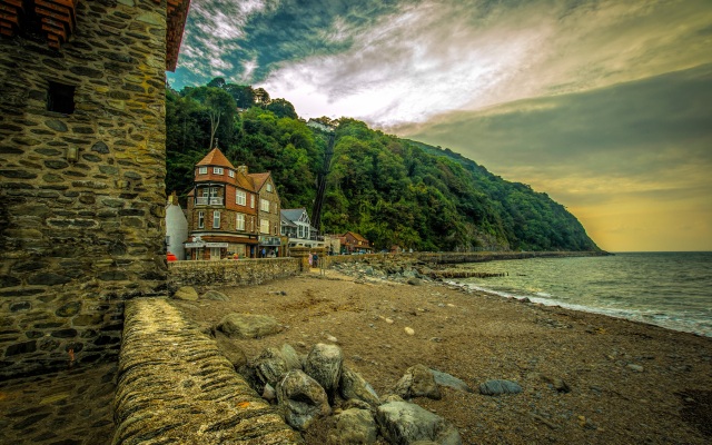 3300x2200 pix. Wallpaper lynmouth, england, coast, rocks, house, beach, uk