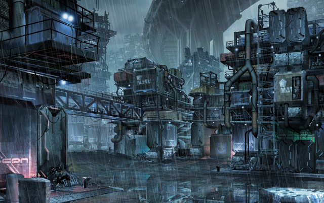 2600x1903 pix. Wallpaper cyberpunk, futuristic, factory, rain, graphics