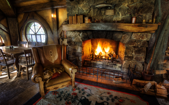 5577x3810 pix. Wallpaper hobbiton, interior, armchair, fireplace, home, fire, house