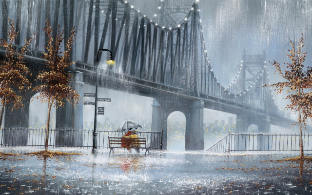 1920x1200 pix. Wallpaper city, bridge, fall, couple, art, picture, painting, autumn, rain