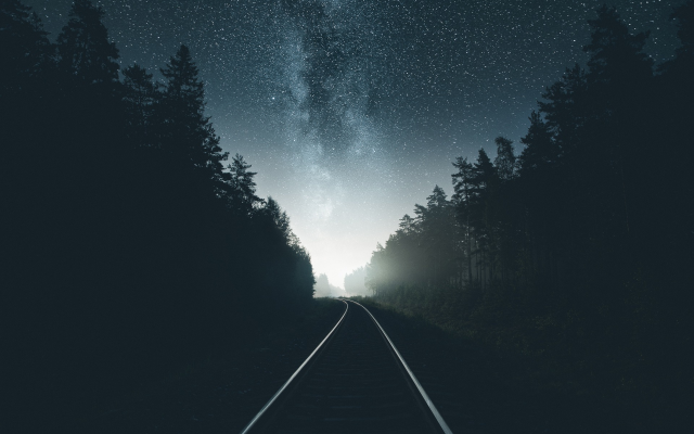 1920x1280 pix. Wallpaper road, forest, milky way, stars, sky, night, railroad, rails