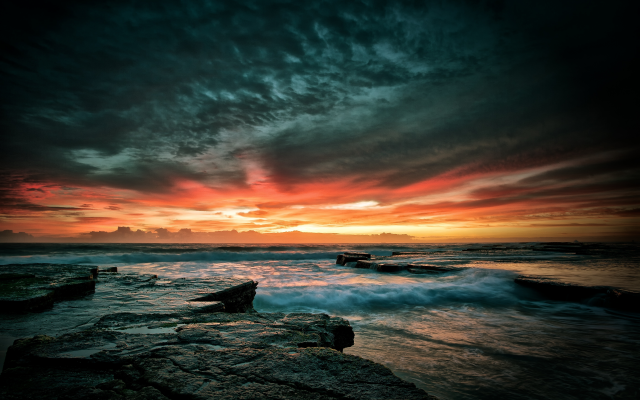 5616x3744 pix. Wallpaper stones, sunset, waves, sea, sky, rocks