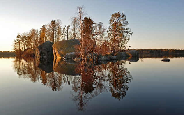 2560x1600 pix. Wallpaper rocks, lake, trees, reflection, stone island, auatumn, nature