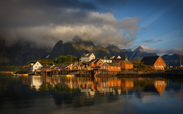 1920x1080 pix. Wallpaper olenilsoya, village, northern norway, lofoten islands, reflection, norway, nature, sea, mountains, clouds, town