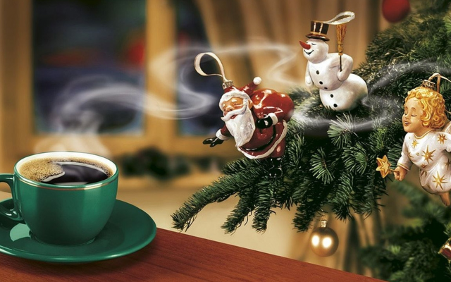 1920x1080 pix. Wallpaper new year, christmas, santa, snowman, christmas tree, coffee