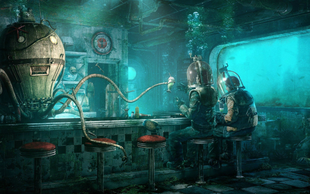 2560x1440 pix. Wallpaper artwork, fantasy art, science fiction, Fallout, underwater, sea
