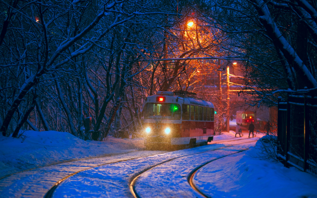 2040x1361 pix. Wallpaper tatra t3, city, evening, tram, snow, winter