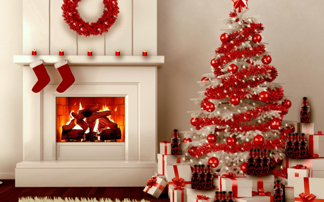 2124x1721 pix. Wallpaper fireplace, christmas tree, new year, graphics, christmas