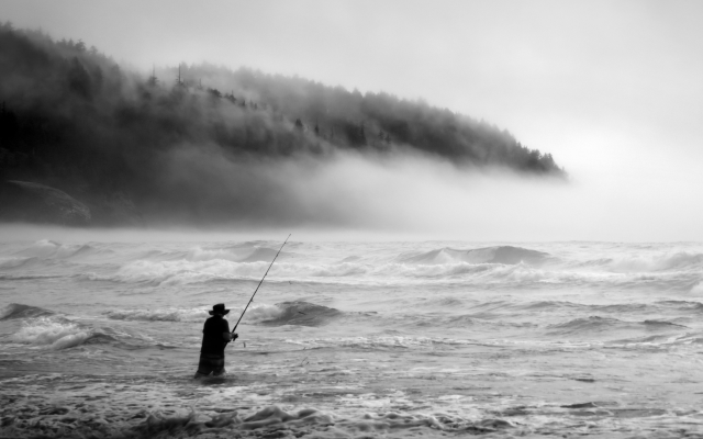 2000x1333 pix. Wallpaper fisherman, fog, waves, extreme sports, fishing, sea, nature, fishing rod