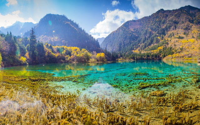 4300x2251 pix. Wallpaper jiuzhaigou, china, mountains, lake, forest, autumn, landscape, park, nature