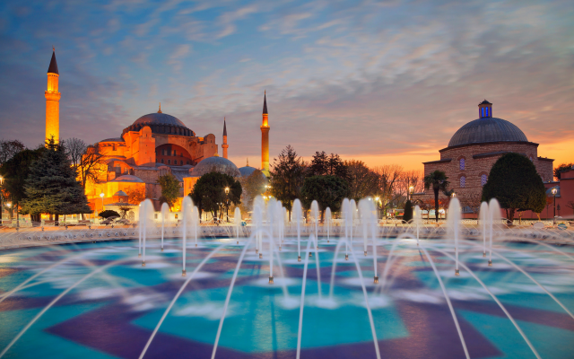 2048x1365 pix. Wallpaper hagia sophia, evening, istanbul, minaret, turkey, fountain