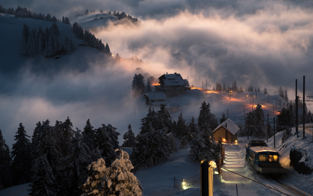 1920x1200 pix. Wallpaper landscape, nature, Switzerland, sunset, snow, village, train, mist, trees, winter, lights, hill