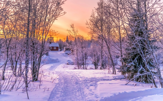 2048x1389 pix. Wallpaper kiruna, sweden, winter, nature, beautiful, path, sunset, snow, house