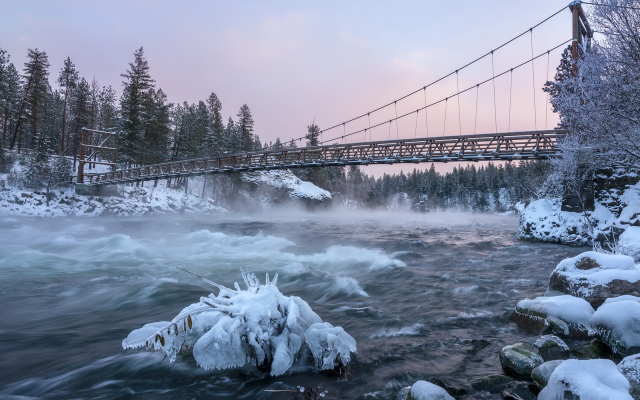 1920x1282 pix. Wallpaper bridge, river, winter, snow, ice, nature, beautiful, suspension bridge