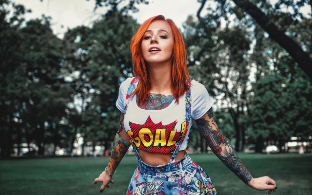 2560x1709 pix. Wallpaper women, redhead, tattoo, outdoors, yana sinner, goal