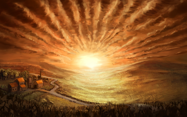 3840x2160 pix. Wallpaper landscape, houses, field, sky, sun, painting, art