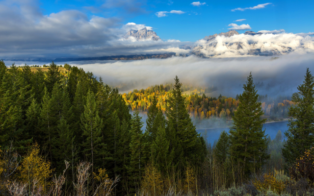 5120x3413 pix. Wallpaper mountains, wyoming, river, autumn, clouds, trees, fog, forest, grand teton national park, usa, nature