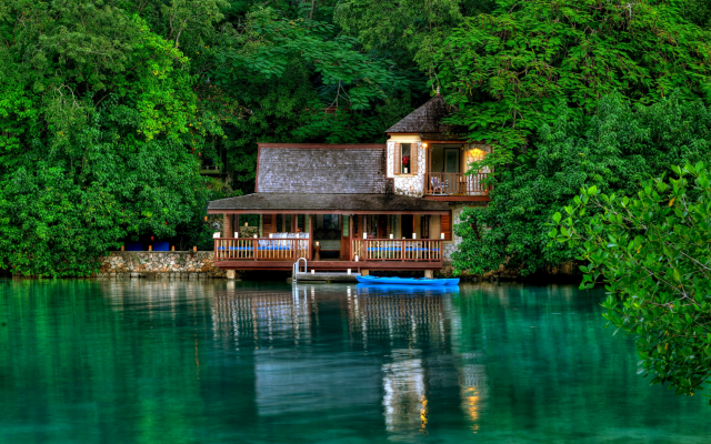 4290x2860 pix. Wallpaper leaves, reflection, greenery, tree, house, island, water, jamaicam lake, nature