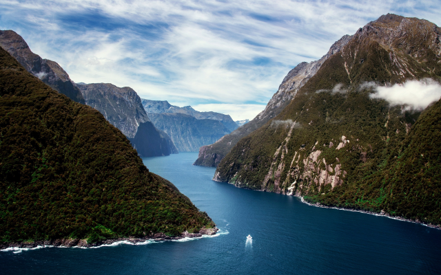 2880x1800 pix. Wallpaper milford sound, new zealand, south island, nature, fjord, mountains, boat