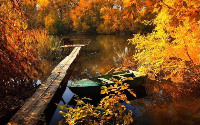 1920x1243 pix. Wallpaper creek, bridge, boat, tree, yellow foliage, autumn, nature