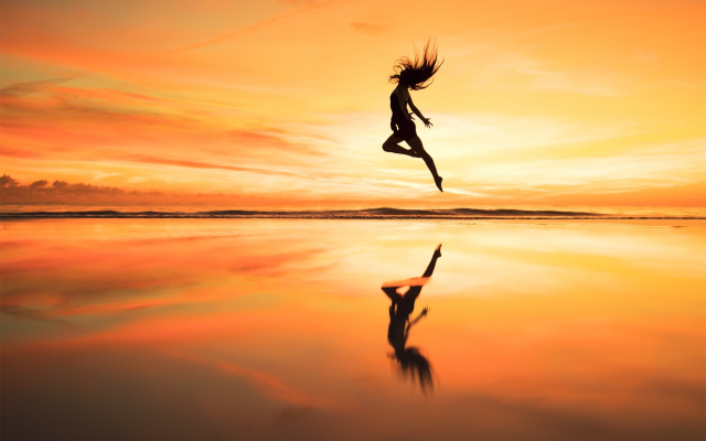2048x1366 pix. Wallpaper women, sunset, photo, beach, sea, girl, jumping, reflection