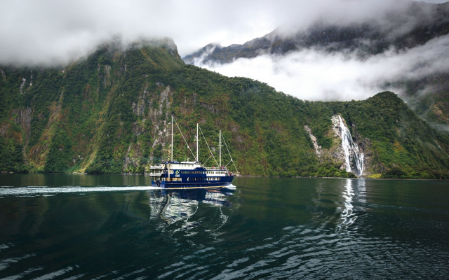 2560x1600 pix. Wallpaper fiordland national park, new zealand, fjord, mountains, waterfalls, ship, nature