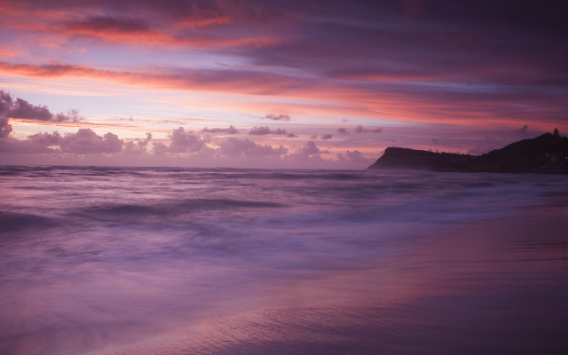 6144x4096 pix. Wallpaper evening, clouds, sunset, purple sea, waves, nature, beach, sea
