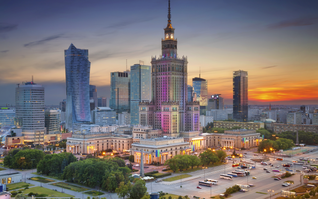 5616x3744 pix. Wallpaper palace of culture and science, warsaw, poland, sunset, city, skyscrapers