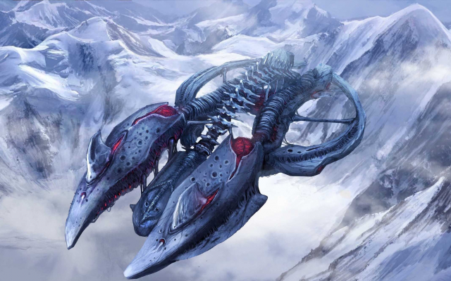 2548x1330 pix. Wallpaper science fiction, artwork, spaceship, mountains, winter, snow