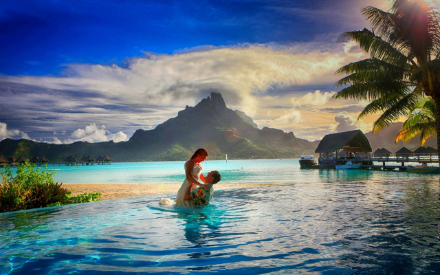 2048x1366 pix. Wallpaper french polynesia, resort, pool, tropics, palm, sea, wet, clouds, nature, pier