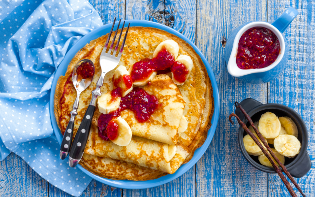 5184x3456 pix. Wallpaper pancakes, banana, jam, food, fork