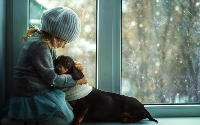 4566x3282 pix. Wallpaper girl, dog, baby, window, puppy, animals