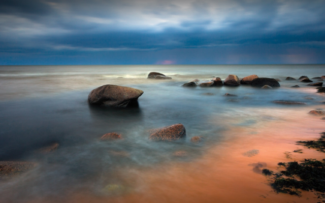 1920x1080 pix. Wallpaper sea, sky, stones, beach, shore, horizon, dark clouds, nature