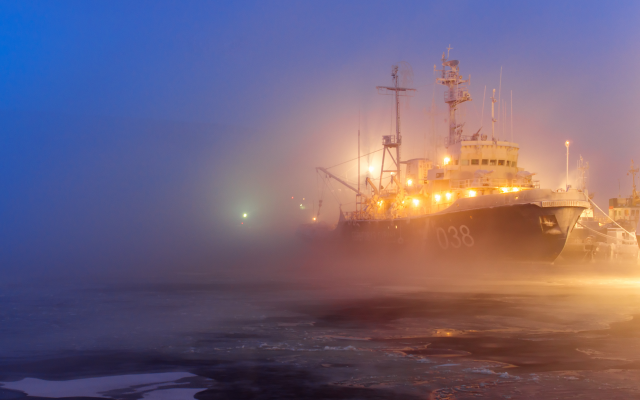 4192x2760 pix. Wallpaper ship, port, lights, fog, ice