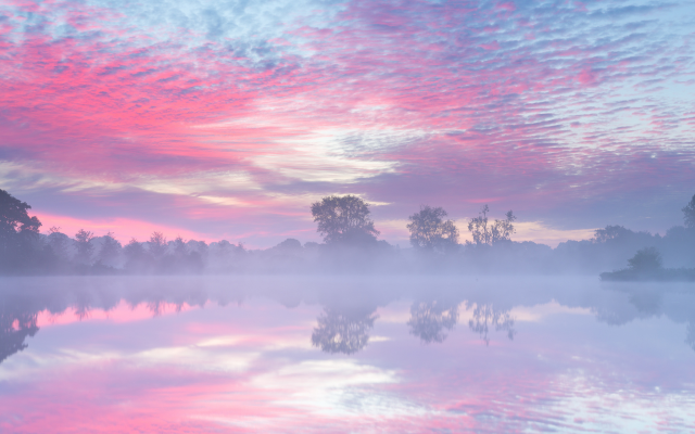 2048x1365 pix. Wallpaper sunrise, sky, pink, mist, river, haze, morning, reflection