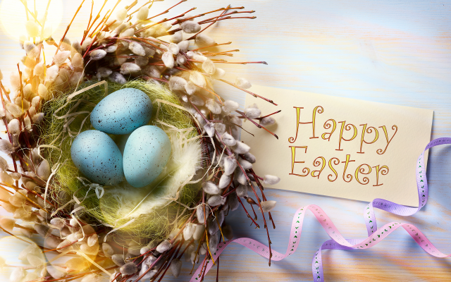 5760x3840 pix. Wallpaper holidays, easter, nest, eggs, feathers, ribbons, braid, greeting