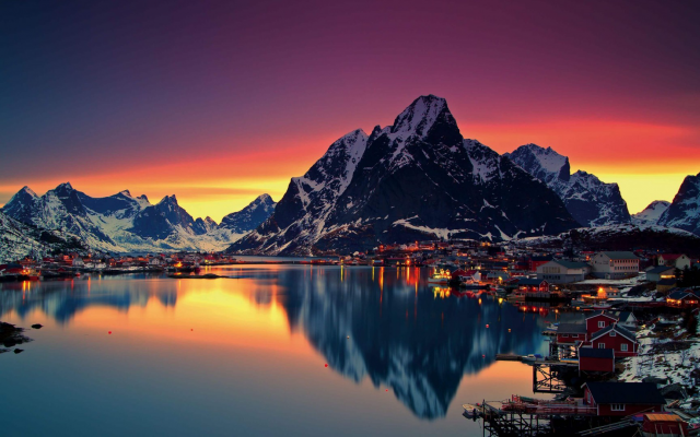 1920x1080 pix. Wallpaper Lofoten islands, Norway, mountains, cityscape, Lofoten, reflections, sea, water