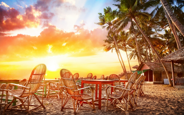 5000x3322 pix. Wallpaper beach, sand, palms, bungalow, chair, table, sunset, tropics