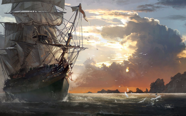 2682x1200 pix. Wallpaper assassins creed iv: black flag, painting, sailfish, art, cloude, ship, sea, art, video games