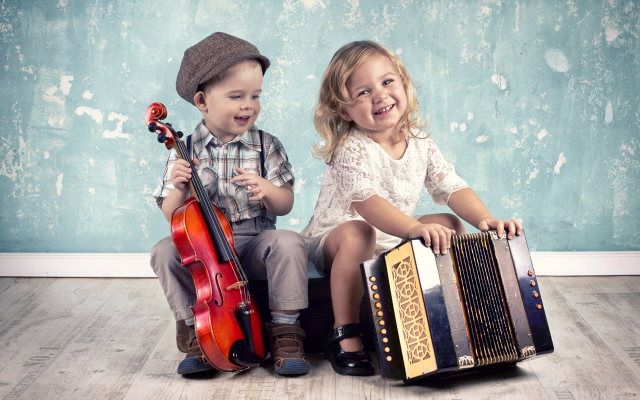6361x4241 pix. Wallpaper children, boy, girl, violin, music, instruments, cello, accordion, smile