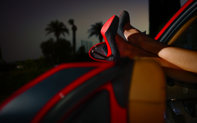 2560x1600 pix. Wallpaper women, model, legs, high heels, stiletto, car, car interiors, black heels, palm trees, evening, dept