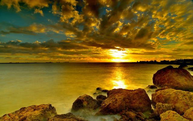 2048x1367 pix. Wallpaper sunset, sky, sea, rocks, nature