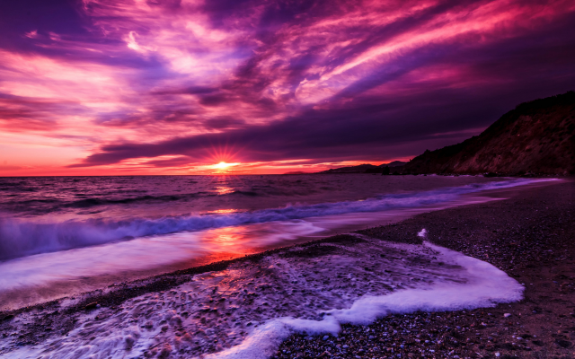 2048x1365 pix. Wallpaper sea, beach, surf, lilac, sunset, nature
