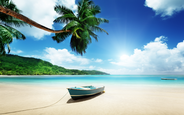5508x4044 pix. Wallpaper tropics, beach, boat, palm tree, sun, summerm sea, nature