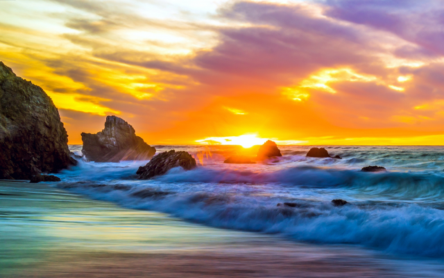 4325x2523 pix. Wallpaper ocean, beach, sea, waves, sunset, clouds, nature