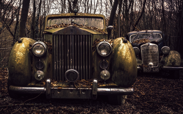 2560x1600 pix. Wallpaper rolls-royce, cars, retro car, rusty car, forest