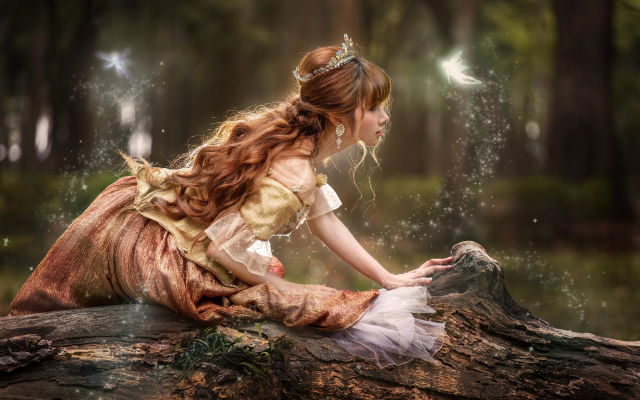 2048x1365 pix. Wallpaper forest, girl, fairy tale, crown, redhead, log, curls, women
