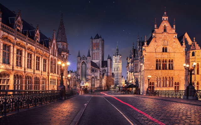 2048x1365 pix. Wallpaper Ghent, Belgium, city, old building, architecture, night, starry night