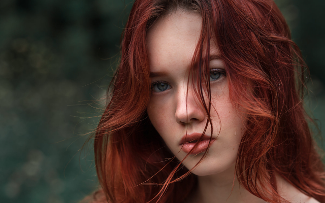 2000x1333 pix. Wallpaper redhead, face, blue eyes, hair in face, portrait, women